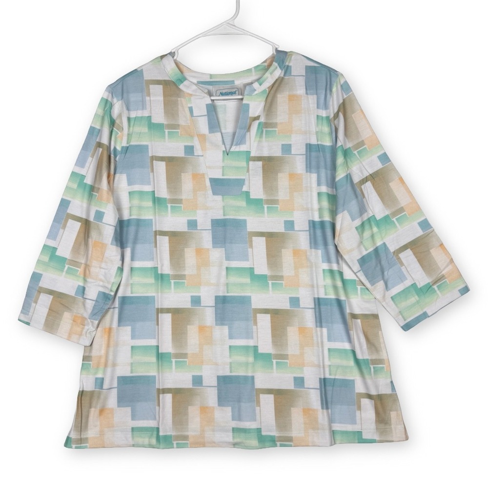National Womens Geometric Block Print Split Neck Top Blue Green L 3/4 Sleeves